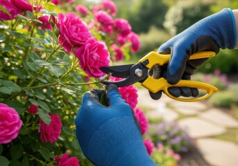 Gardener Working in Garden POV Hand Pruning Rose Bush Plant Care Hobby Lifestyle