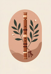 Wooden flute illustration with green leaves and soft earth tones, showcasing musical instrument design, nature elements, and artistic creativity in a harmonious composition