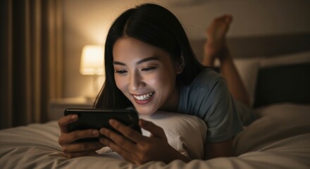 Fototapeta premium Evening Relaxation Young Woman Engaged with Mobile Device in Cozy Bedroom Captured in Intimate Indoor Setting Highlighting Modern Lifestyle and Technology