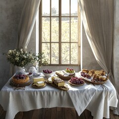 Elegant Rustic Table Setting with Desserts and Fresh Fruits by Window
