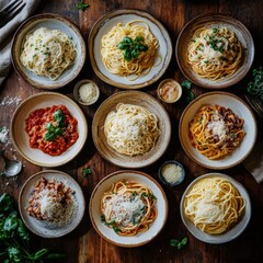 Varied Plates of Delicious Pasta Dishes on Rustic Wooden Table