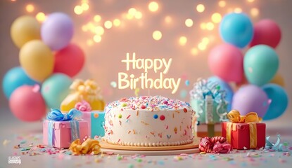 Birthday celebration cake with balloons and gifts festive atmosphere