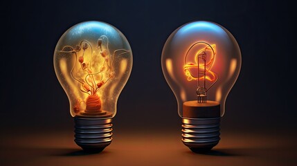 Two light bulbs with different internal designs glowing against a dark background in a studio setting