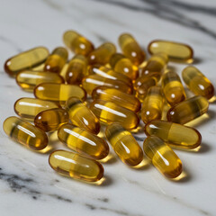 Vitamin D capsules on white marble offer a boost to health and wellness.