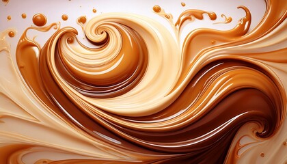 swirl caramel pattern background with abstract toffee splashes wavy texture of salted caramel candy chocolate and milk flow peanut butter snack