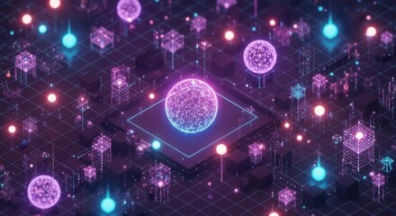 Digital network abstract visualization with glowing spheres and geometric structures in a dark futuristic landscape
