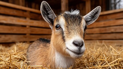 Close-up of a juvenile goat in a wooden structure resting comfortably on a bed of straw The focus is on the animal's cute face.