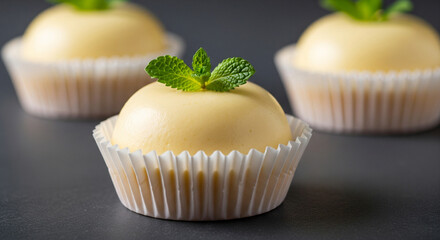 Photo of a closeup view of a delicate yellow mousse cake, topped with fresh mint leaves, presented in a white paper liner on a dark surface