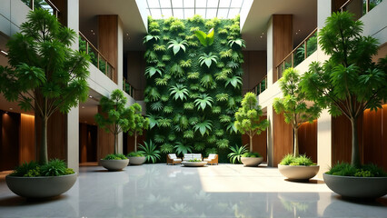 Naklejka premium Eco-Luxe Hospitality: Hotel Lobby with Verdant Accents