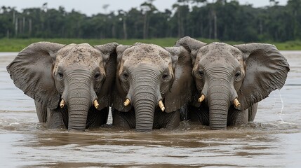 Three elephants wading in a river.