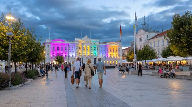 Tourists walking in pula city center at twilight