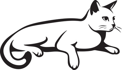Relaxed cat silhouette black and white drawing, Calm pet pose minimal illustration