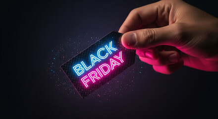 Photo of a hand holds a black card illuminated by vibrant blue and pink neon lights spelling out black friday, set against a dark, sparkling background