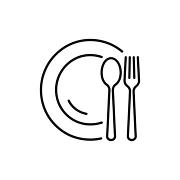 Simple Line Art Illustration of a Plate, Spoon, and Fork. Plate, spoon and fork line icon vector