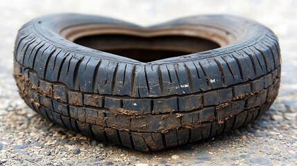 Worn tire with deep treads and dirt.