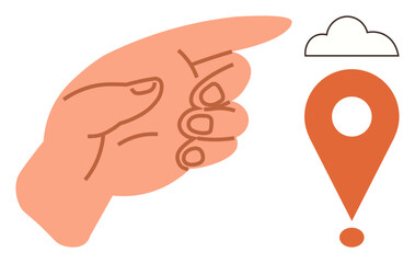 Human hand gestures towards a cloud and a location pin. Ideal for navigation, decision-making, direction, cloud storage, data access, guidance, and destination in a simple flat metaphor