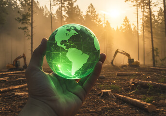 Hand holding glowing green globe over deforested forest with logging machinery, symbolizing climate change and conservation
