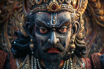 Obraz premium Close up of a vibrant, intricately carved wooden statue depicting a powerful hindu deity, adorned with a majestic crown and traditional embellishments