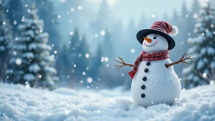 Christmas snowman in wintry background with snow. 4k video