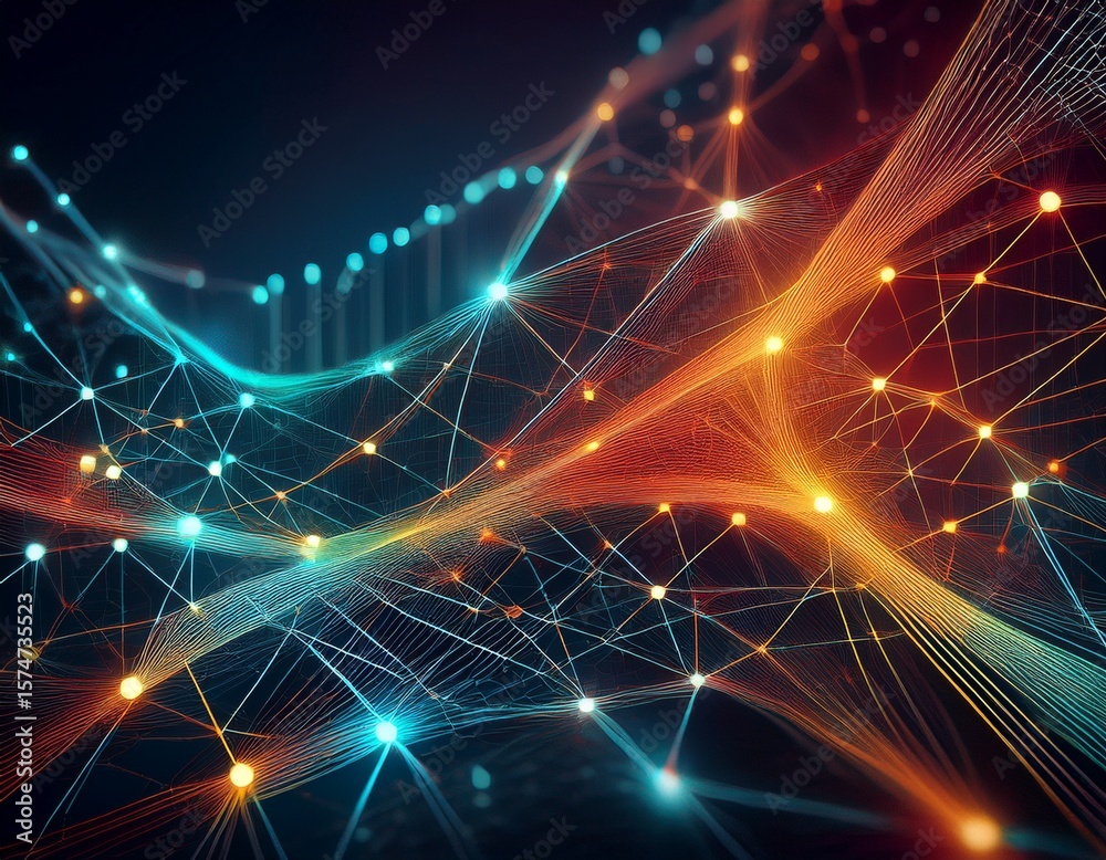 Aufkleber abstract background with interweaving of colored lines and dots network connection structure data exchange 3d
