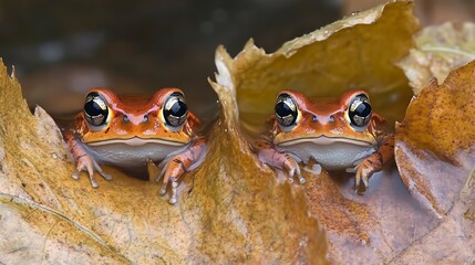 Two small frogs rest nestled beneath a fallen leaf.