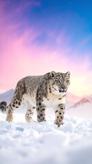 Fototapeta premium A majestic snow leopard gracefully traverses a pristine, snowy landscape, its thick, spotted fur blending beautifully with the white terrain.