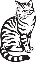 Sitting tabby cat black and white artwork, Graceful feline pose clean sketch