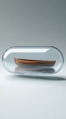Wooden Boat Miniature Inside Glass Capsule with Water Reflections, Studio Setting, Clean Background