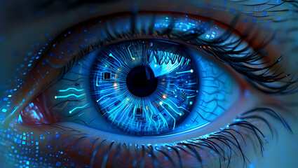 Futuristic blue cybernetic eye with glowing circuits and data streams