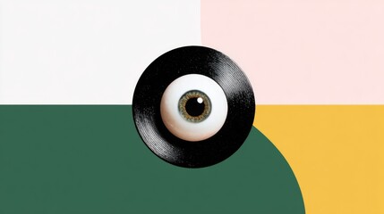 A black vinyl record with a white center is placed on a colorful geometric background featuring green, yellow, pink, and white sections. The design reflects retro minimalism.