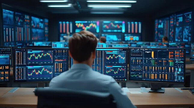 Stock Trader in a Finance Hub: A focused stock trader analyzes multiple computer screen displaying real-time financial data and stock charts in a busy office. - Powered by Adobe