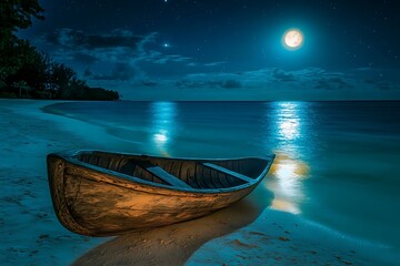 Wooden Boat on Sandy Beach Under Moonlit Sky at Night Seascape