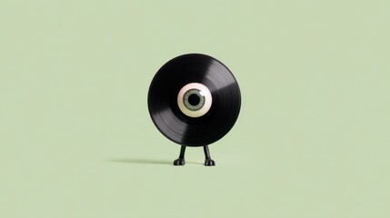 A minimalistic vinyl record stands upright on small legs against a soft green background. The design reflects retro and trendy art concepts.