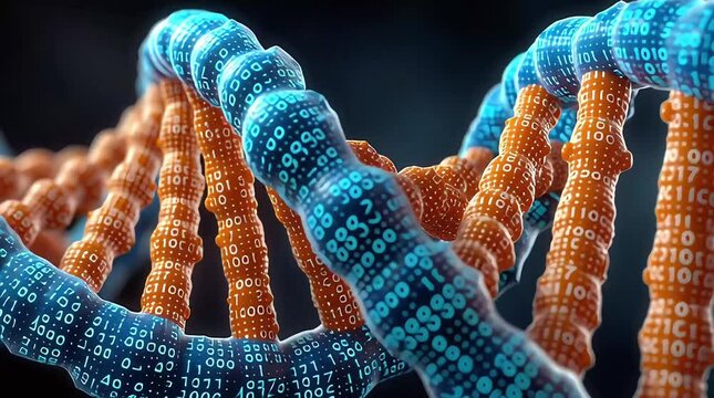 DNA Helix Encoded: An intricate DNA double helix with binary code patterns, symbolizing genetic information, innovation in biotechnology.