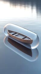 Wooden Canoe Inside Glass Capsule Floating on Calm Water Reflecting Distant Shoreline