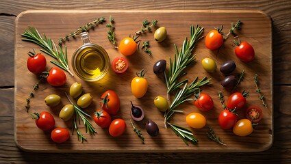 Fresh cherry tomatoes olives rosemary thyme olive oil on wooden cutting board