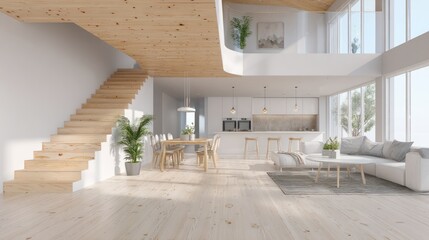 Bright, airy, open-plan home with wooden staircase, minimalist furniture and large windows