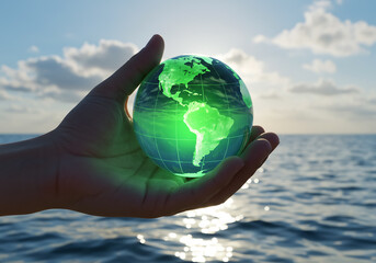 Hand holding glowing green globe over ocean at sunset, symbolizing marine conservation and sustainability