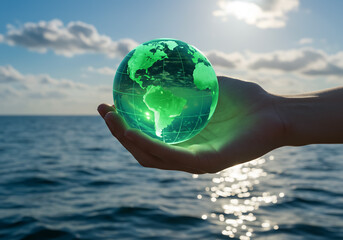 Hand holding glowing green globe over ocean at sunset, symbolizing marine conservation and sustainability