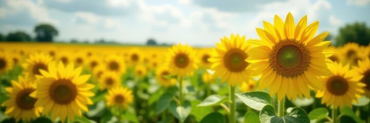 Vibrant sunflowers in a summer field, bright yellow petals , floral, vibrant