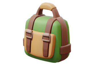 Simple backpack icon, in the style of Fortnite, 3D model, solid white background, green and brown color them