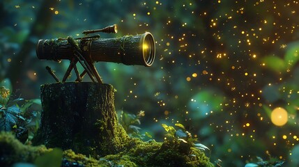 Wooden Telescope on Mossy Stump Amidst Fireflies in Enchanted Forest