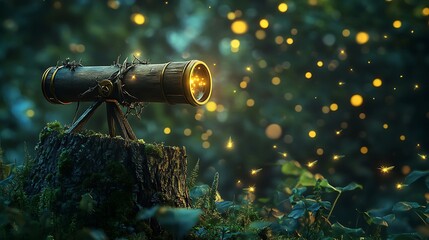 Wooden Telescope on Stump, Sparkling Lights, Nature Fantasy Artwork, Magical Forest
