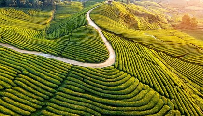 aerial view of tea plantation with winding paths