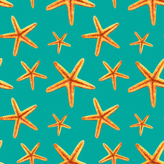 Yellow starfish, watercolor seamless pattern on green background. Marine theme. Hand drawn illustration for design, fabric, paper, wrapping, cover.