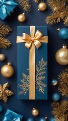 Luxury Blue and Gold Holiday Gift Box Flat Lay with Festive Ornaments