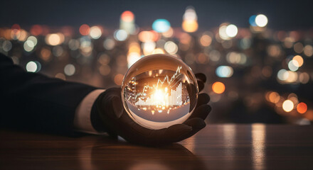 Photo of a gloved hand holds a crystal ball reflecting a glowing stock market graph, with a blurred city skyline at night in the background, symbolizing financial foresight and future investment