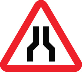 Road narrows on both sides warning traffic sign. Red triangle vector icon for highway safety. Isolated on a white background.

