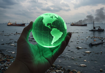 Hand holding glowing green globe over polluted ocean with dead fish, plastic waste and cargo ships, symbolizing marine pollution and climate change