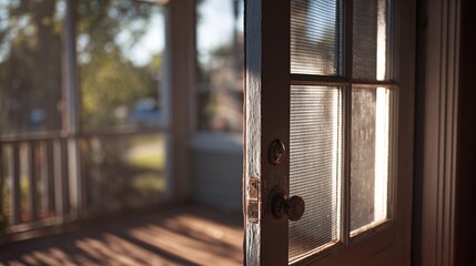 Old screen door half-open, light spilling inside